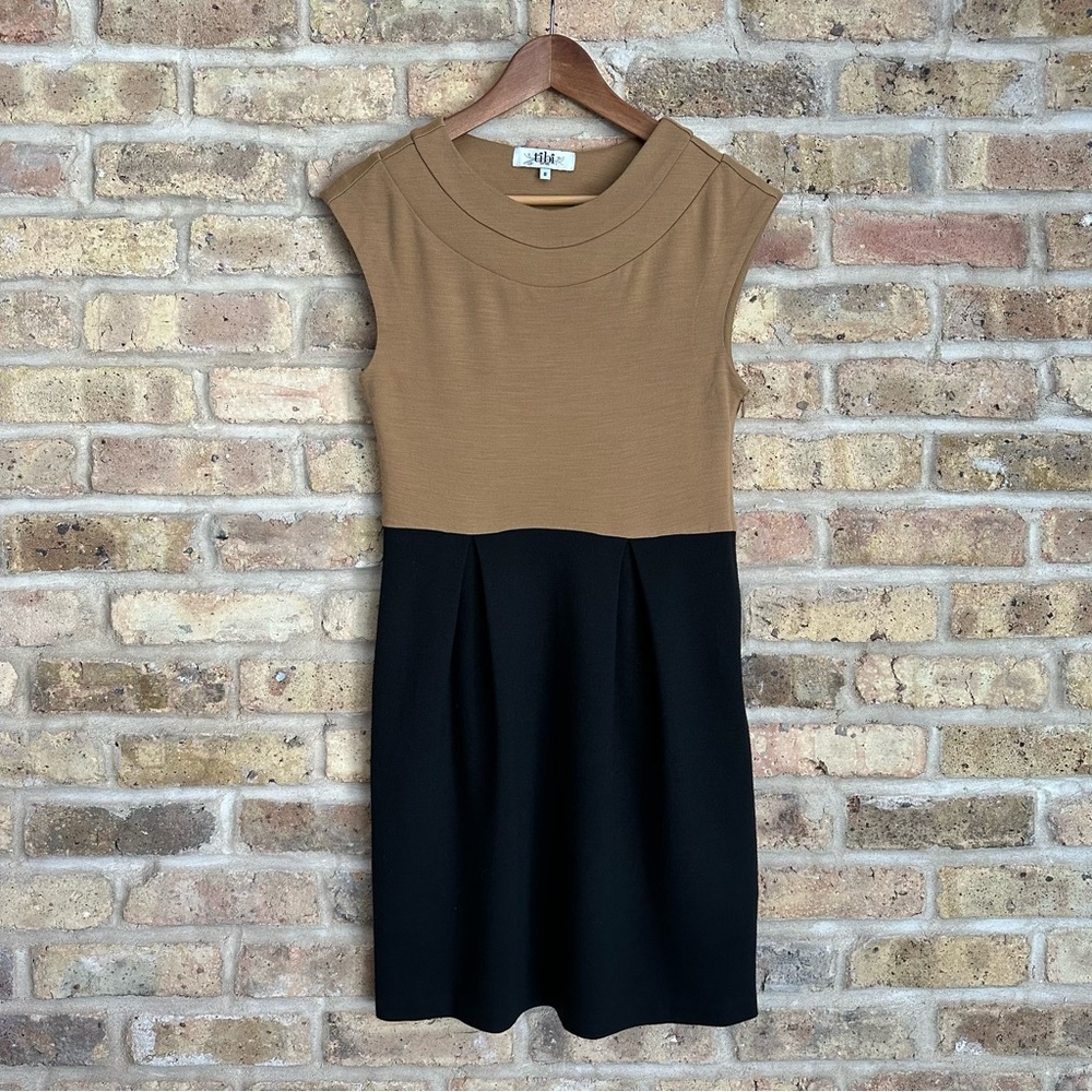 Tibi Camel & Black Wool Colorblock Dress